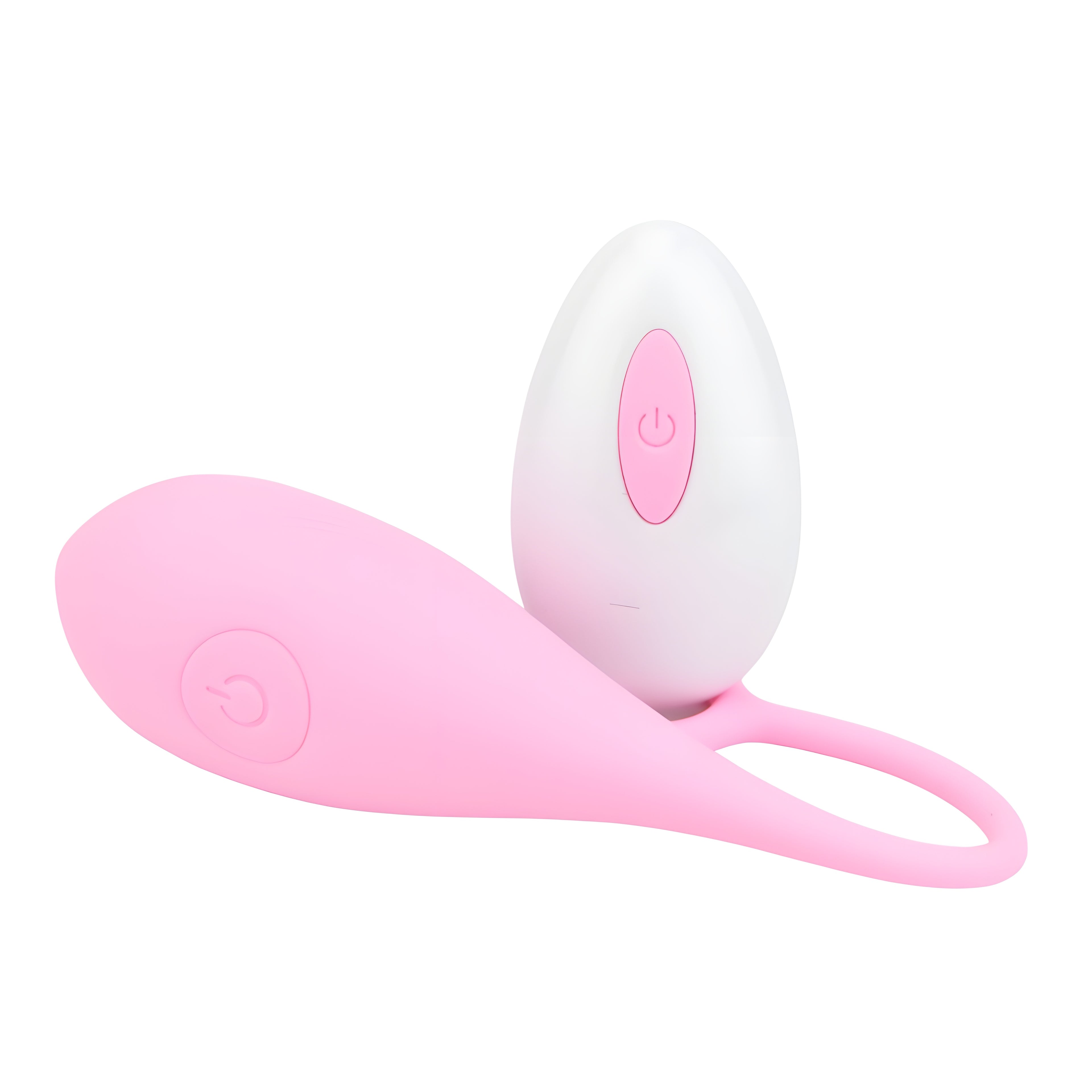The SweetTemptation-Lover's Whisper by My Store is a pink silicone vibrating egg with a power button and a white oval remote—ideal as a koppelspeeltje. Both appear on a plain white background.