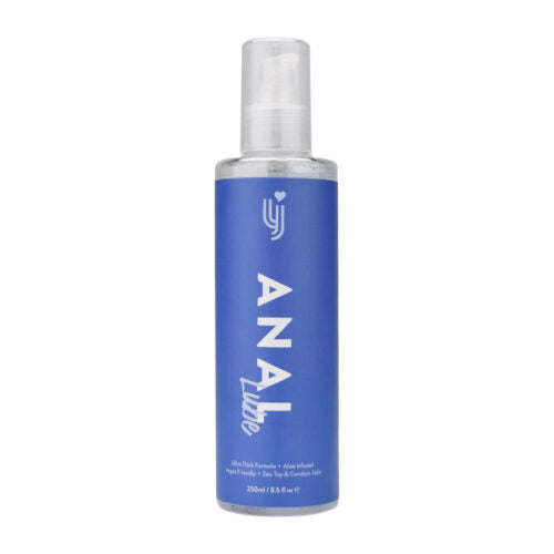 A clear 250ml plastic bottle with a blue label reading "SweetTemptation – NatureGlow Soothing Anal Glide Gel," featuring a pump dispenser. This water-based lubricant from SweetTemptation.nl contains soothing aloe vera and product details.