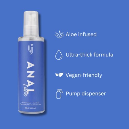 A 250 ml bottle of SweetTemptation – NatureGlow Soothing Anal Glide Gel from SweetTemptation.nl rests on a blue surface. Features: soothing aloe vera, ultra-thick water-based, vegan-friendly, and an easy-to-use pump dispenser.