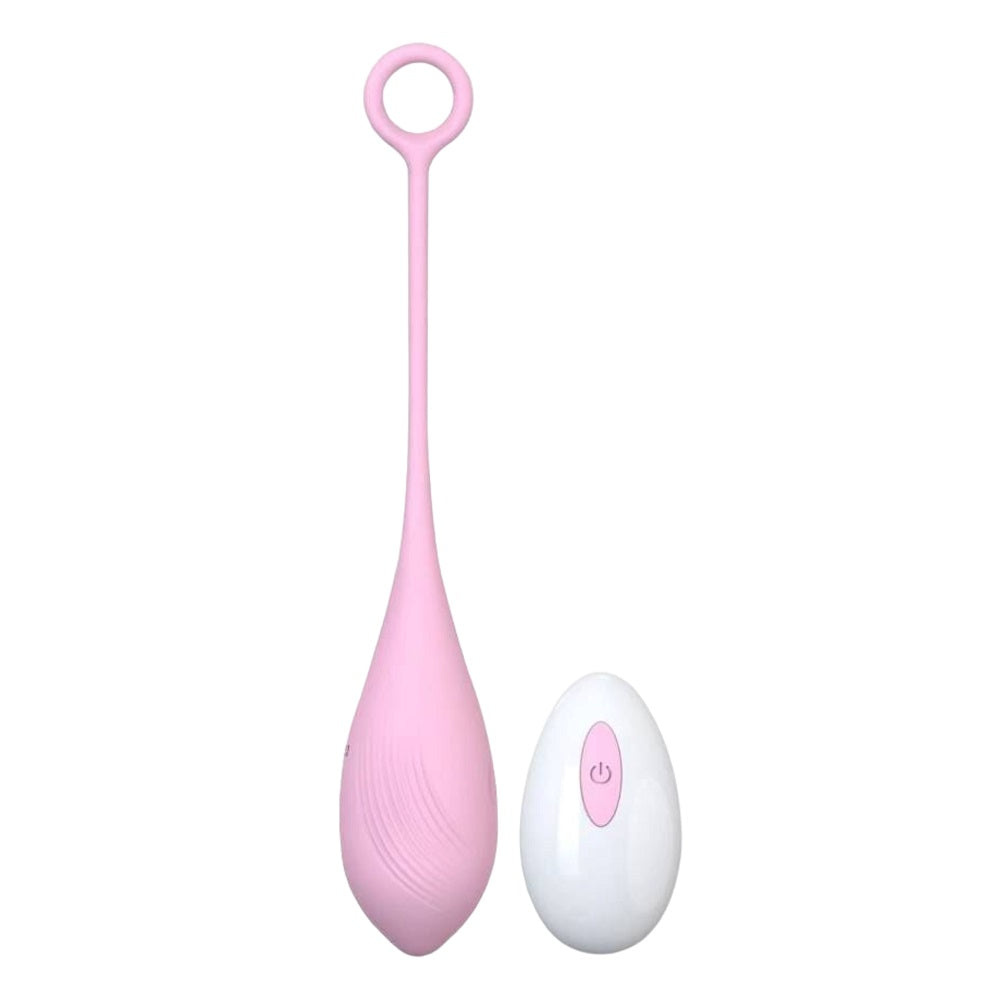 The SweetTemptation-Lover's Whisper by My Store is a pink, egg-shaped massager with a looped handle and a white remote with a pink button—ideal as a koppelspeeltje for shared pleasure.