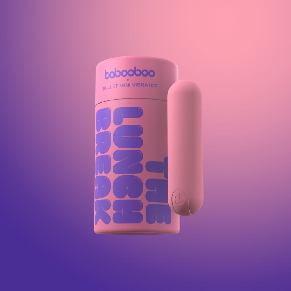 A pink cylindrical container labeled SweetTemptation-The Quick Tease Bullet from SweetTemptation.nl, with a matching waterproof bullet vibrator attached, set against a pink and purple gradient background.
