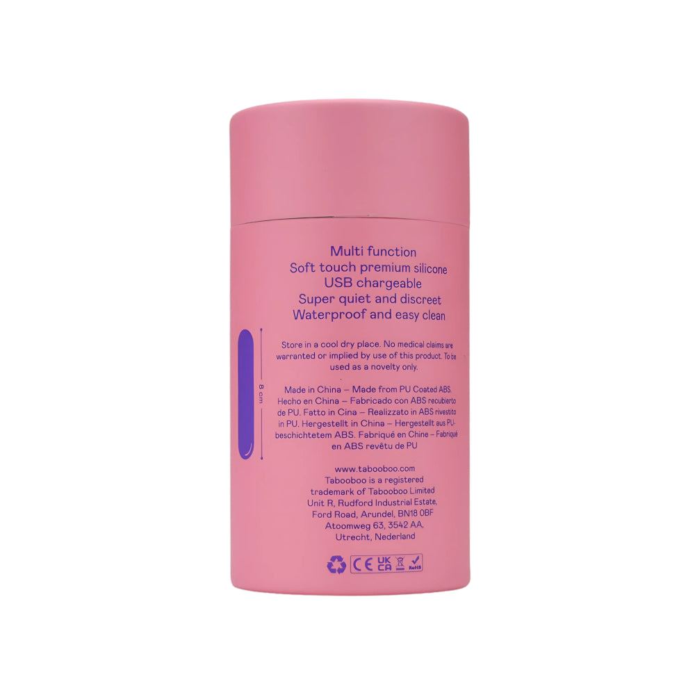 The SweetTemptation-The Quick Tease Bullet by SweetTemptation.nl is a pink, cylindrical, multifunctional vibrator made of soft silicone. It's discreet, USB rechargeable, quiet, waterproof, easy to clean, with product details on the back of the container.