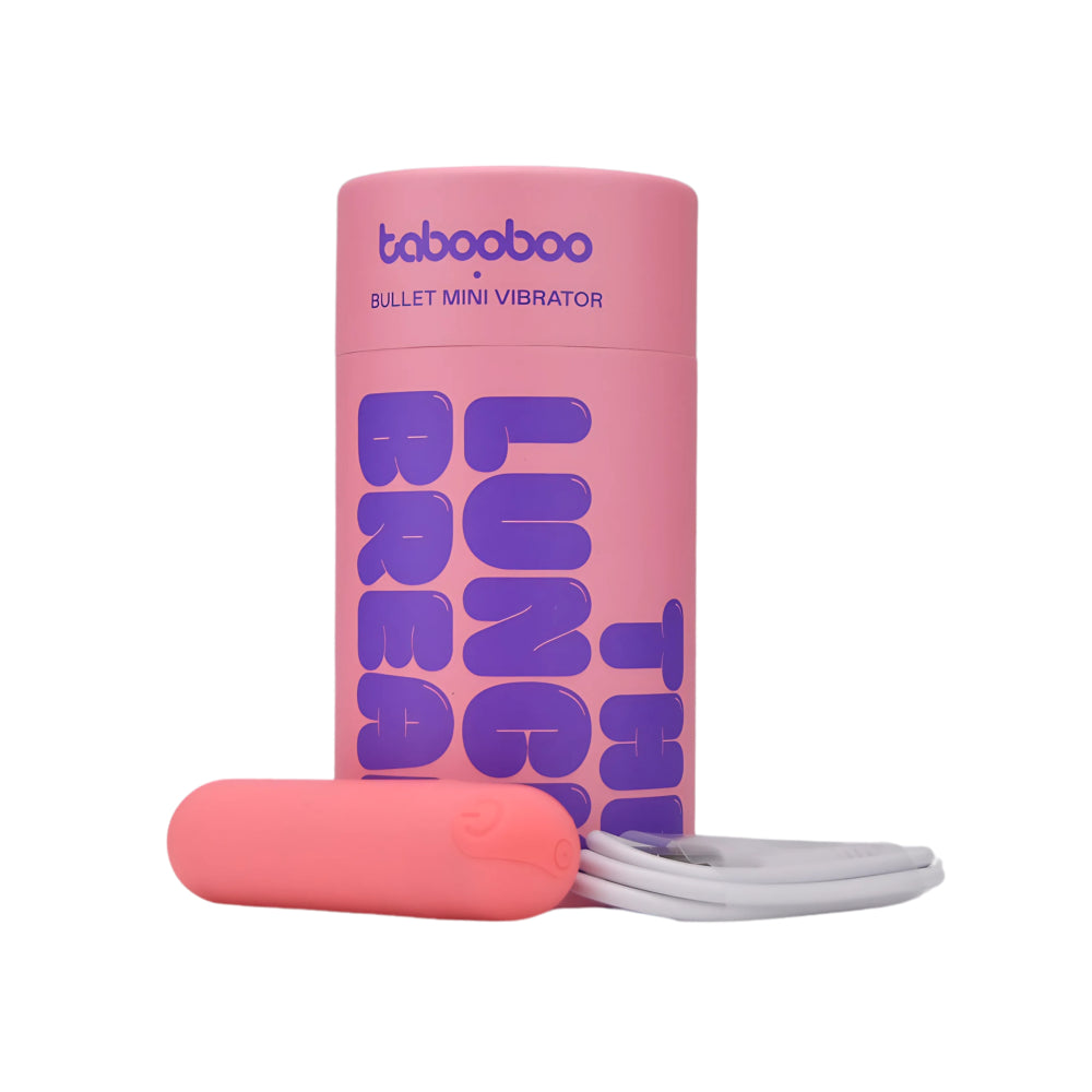 A pink cylindrical container labeled SweetTemptation-The Quick Tease Bullet by SweetTemptation.nl stands upright with bold purple text, next to a matching pink waterproof bullet vibrator and a white charging cable.