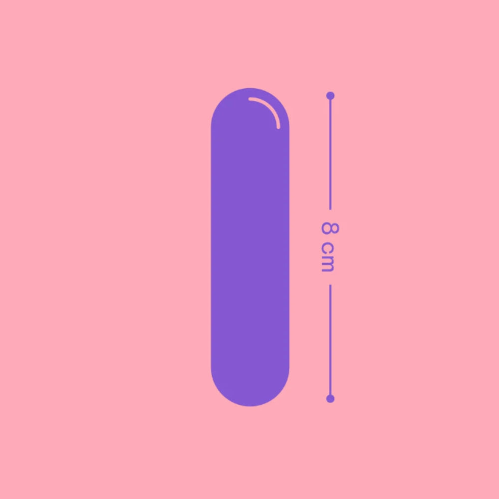 The SweetTemptation-The Quick Tease Bullet by SweetTemptation.nl, a purple capsule-shaped mini vibrator, stands upright on a pink background beside a vertical line showing its 8 cm height.