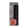 The SweetTemptation.nl Rev-Lite Realistic Vagina Hardcase Masturbator features a TPE sleeve and peach-colored vagina opening, visible through a clear window on its boxed packaging.