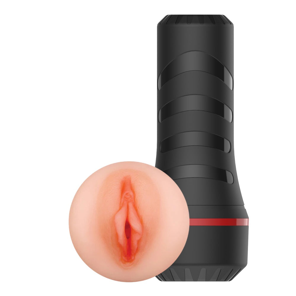 The SweetTemptation – Rev-Lite Realistic Vagina Hardcase Masturbator by SweetTemptation.nl is a black cylindrical case with a lifelike vagina opening and soft TPE sleeve, designed for personal pleasure.