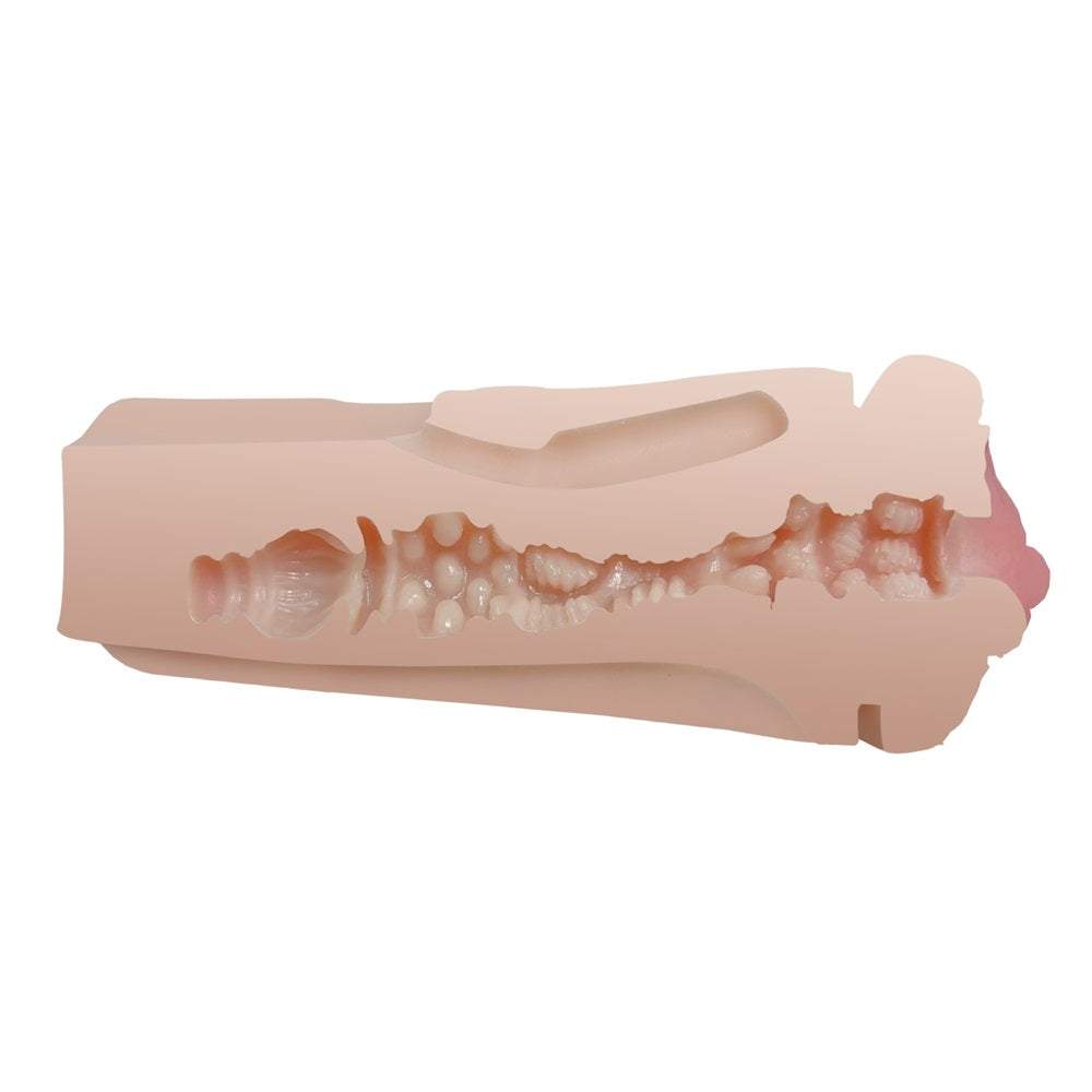 A cross-section of the SweetTemptation – Rev-Lite Realistic Vagina Hardcase Masturbator by SweetTemptation.nl, featuring a flesh-colored cylindrical exterior and a textured internal tunnel with stimulating bumps and ridges.
