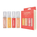 Four 30ml bottles of coconut, berry, peach, and mango flavoured lubricants from SweetTemptation.nl stand by a red and cream box labeled SweetTemptation – Flavoured Lubricant Lovers Kit (4x30ml), listing the same flavors.