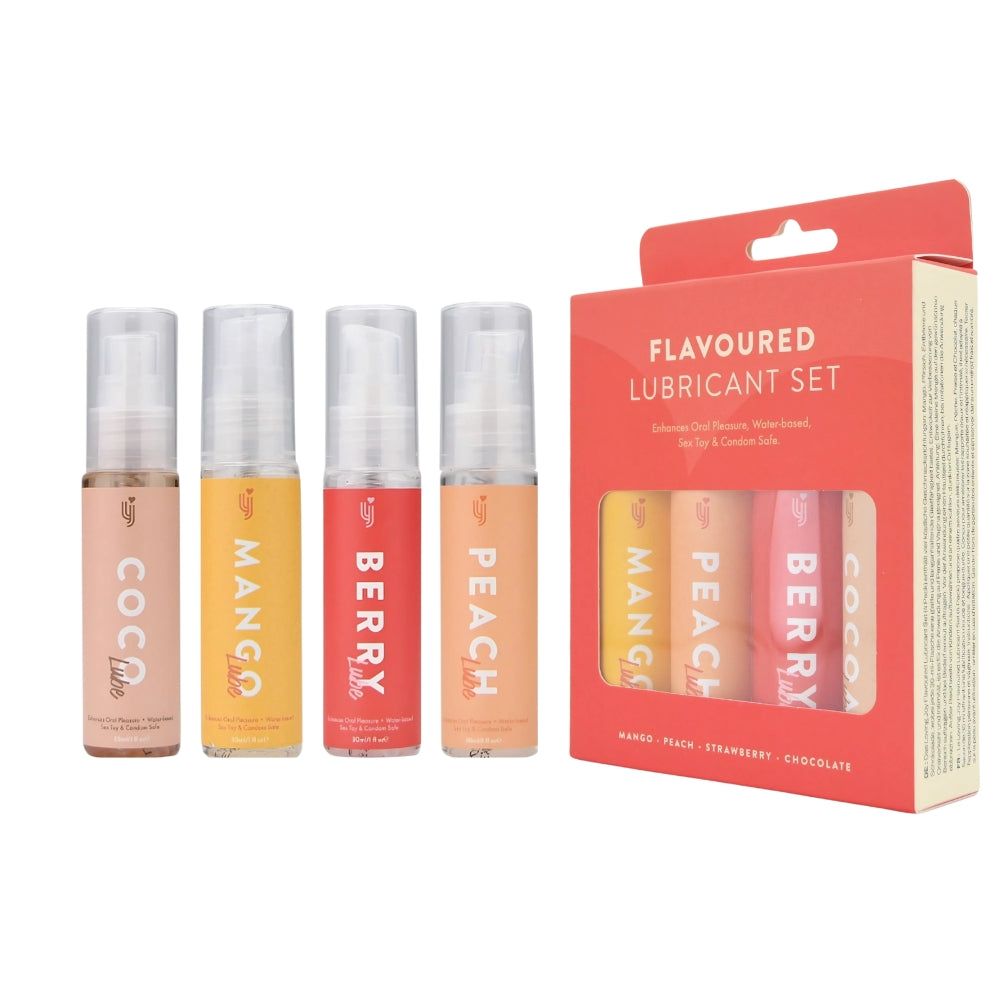Four 30ml bottles of coconut, berry, peach, and mango flavoured lubricants from SweetTemptation.nl stand by a red and cream box labeled SweetTemptation – Flavoured Lubricant Lovers Kit (4x30ml), listing the same flavors.