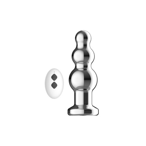 A sleek SweetTemptation – PulseSphere Luxe Motion Massager by SweetTemptation.nl stands upright beside a white oval wireless remote with two black buttons, both set against a plain white background.