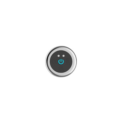 A round black button with a silver rim, resembling the SweetTemptation – PulseSphere Luxe Motion Massager by SweetTemptation.nl, displays a blue power symbol and two small white dots above it, creating a smiling face effect on a white background.